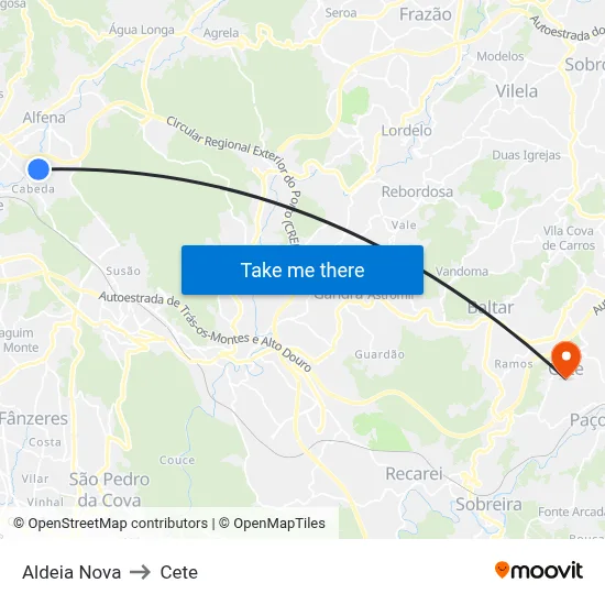 Aldeia Nova to Cete map