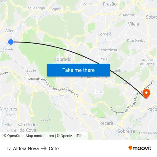 Tv. Aldeia Nova to Cete map