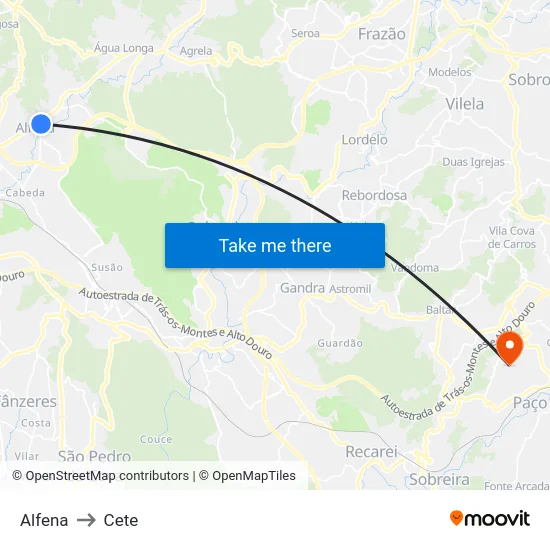 Alfena to Cete map