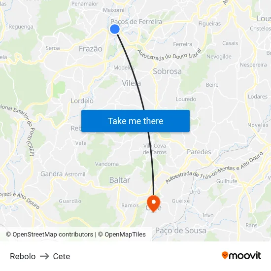 Rebolo to Cete map