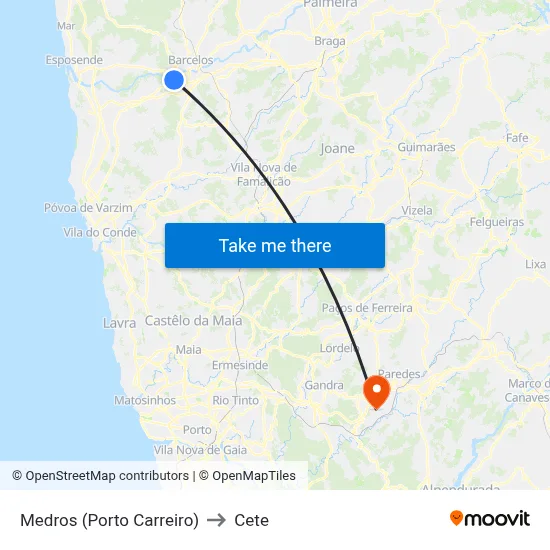 Medros (Porto Carreiro) to Cete map