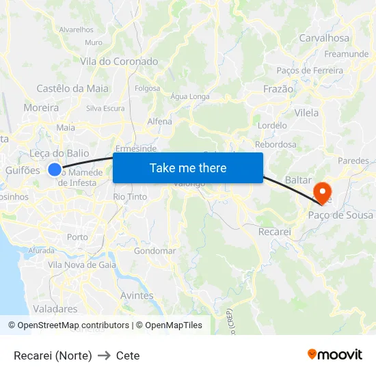 Recarei (Norte) to Cete map
