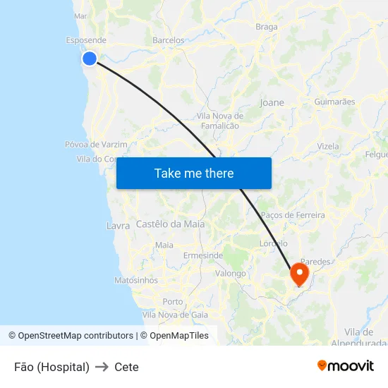 Fão (Hospital) to Cete map