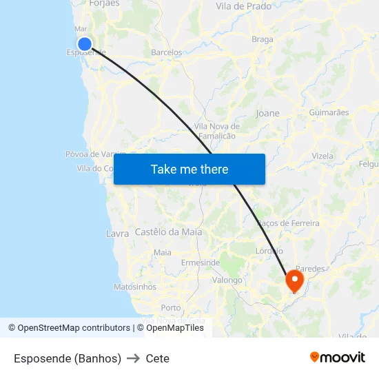 Esposende (Banhos) to Cete map