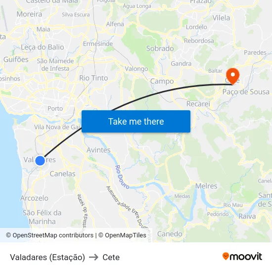 Valadares (Estação) to Cete map
