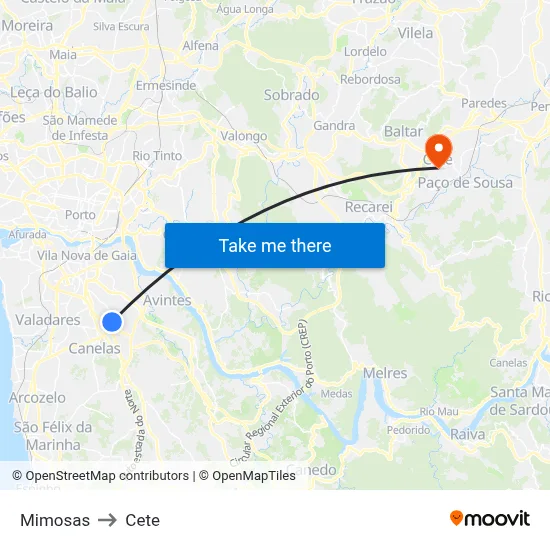 Mimosas to Cete map