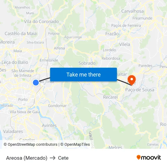 Areosa (Mercado) to Cete map
