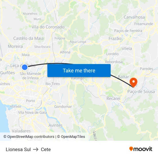 Lionesa Sul to Cete map