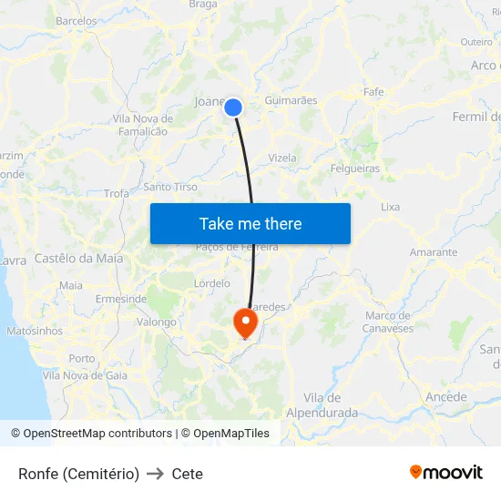 Ronfe (Cemitério) to Cete map