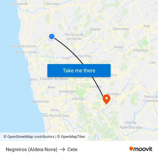 Negreiros (Aldeia Nova) to Cete map