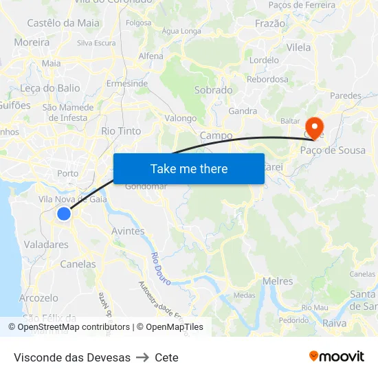 Visconde das Devesas to Cete map