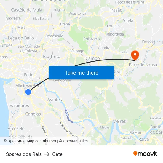 Soares dos Reis to Cete map