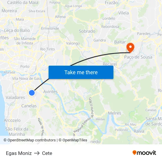 Egas Moniz to Cete map