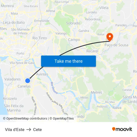 Vila d'Este to Cete map