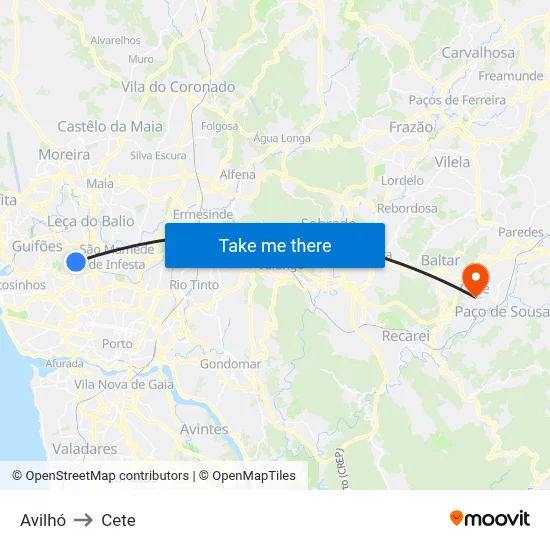 Avilhó to Cete map