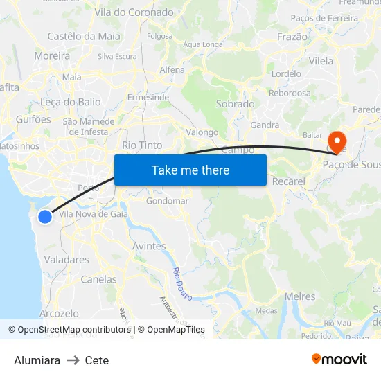 Alumiara to Cete map
