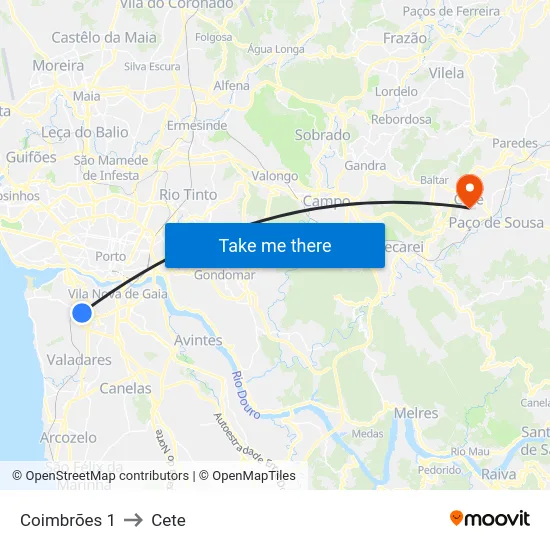 Coimbrões 1 to Cete map