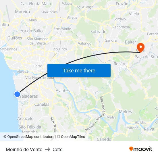 Moinho de Vento to Cete map