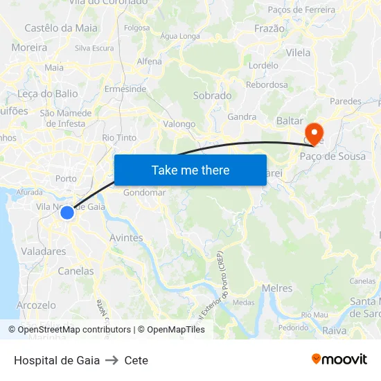 Hospital de Gaia to Cete map