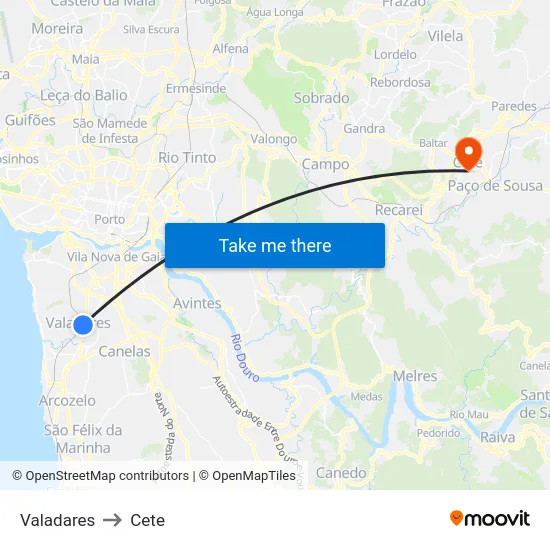 Valadares to Cete map