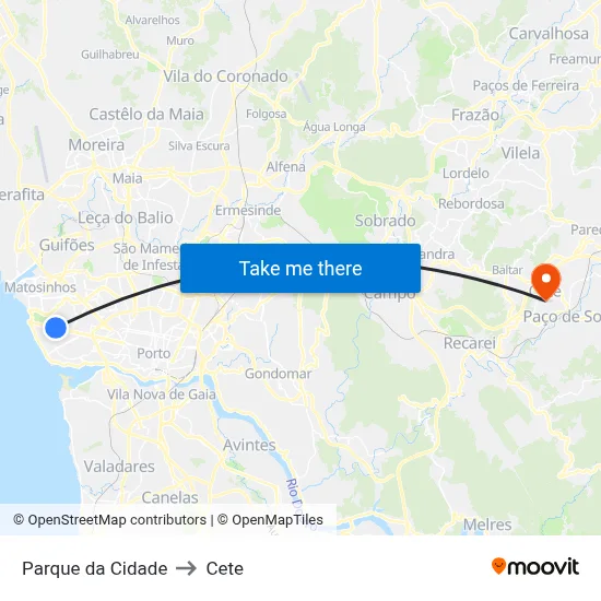 Parque da Cidade to Cete map