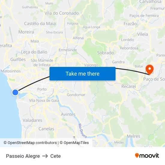 Passeio Alegre to Cete map