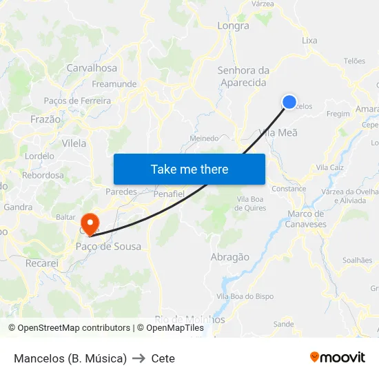 Mancelos (B. Música) to Cete map
