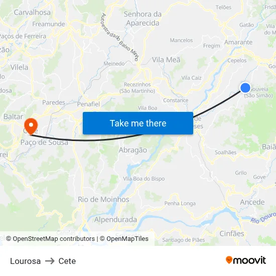 Lourosa to Cete map