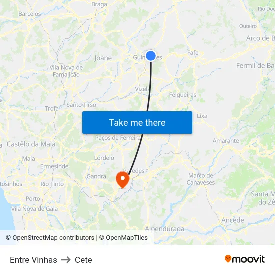 Entre Vinhas to Cete map