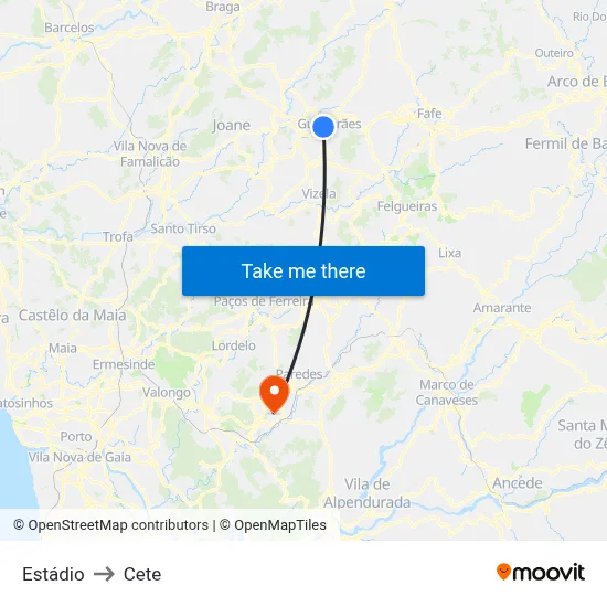 Estádio to Cete map