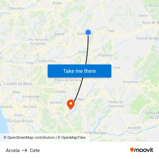 Arcela to Cete map