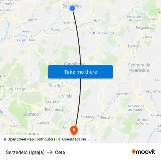 Serzedelo (Igreja) to Cete map