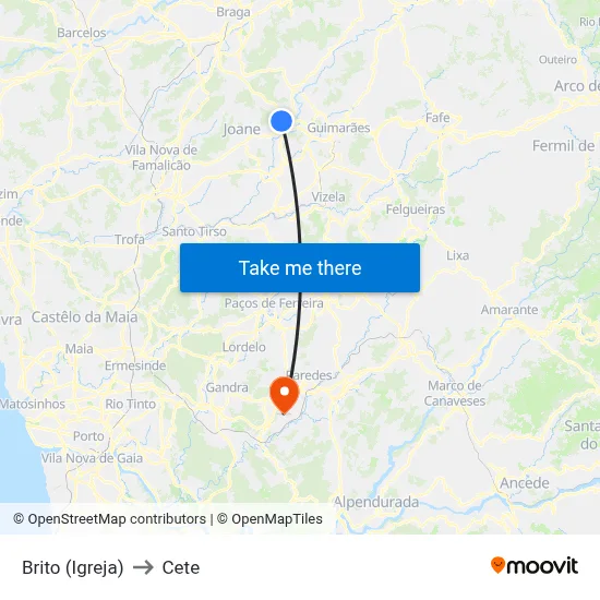 Brito (Igreja) to Cete map