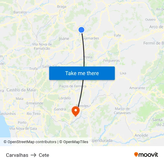 Carvalhas to Cete map