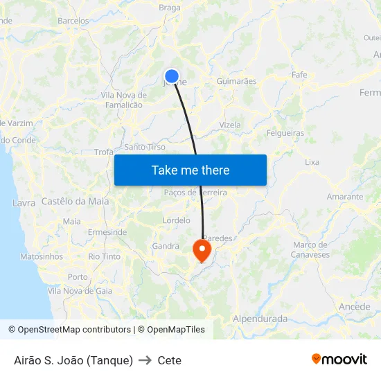 Airão S. João (Tanque) to Cete map