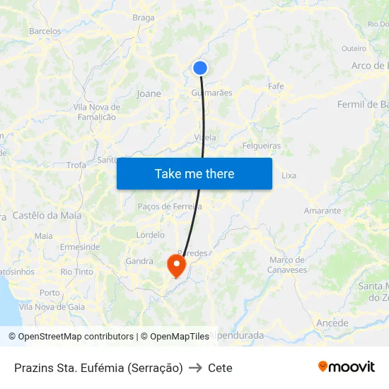 Prazins Sta. Eufémia (Serração) to Cete map