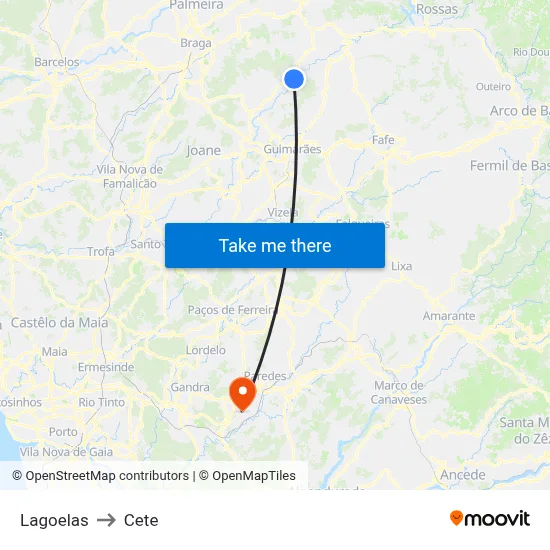 Lagoelas to Cete map