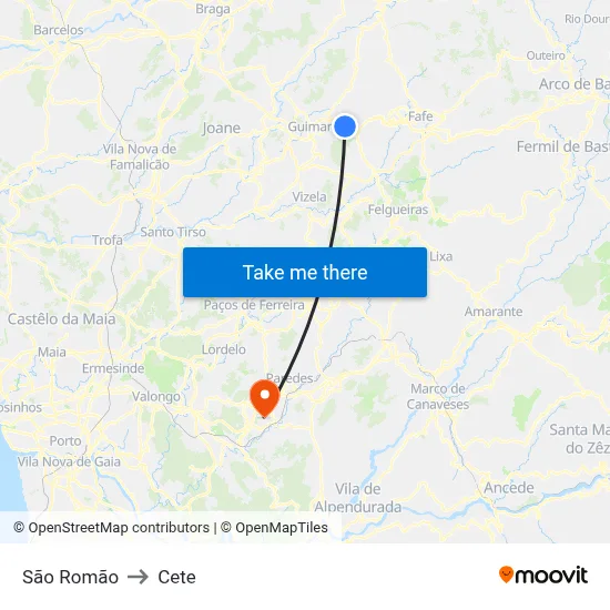 São Romão to Cete map