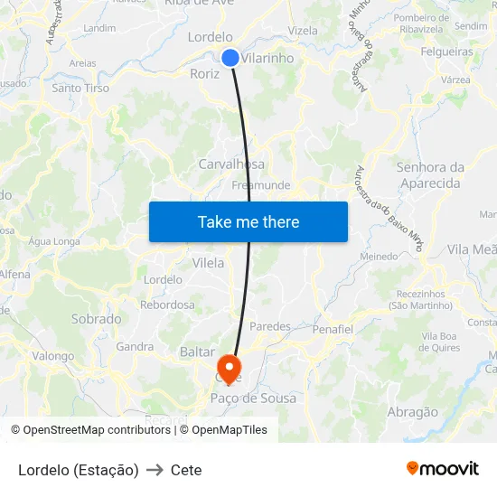 Lordelo (Estação) to Cete map