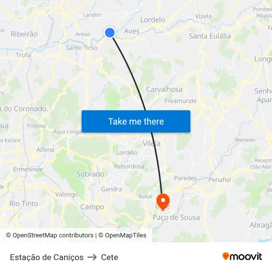 Estação de Caniços to Cete map