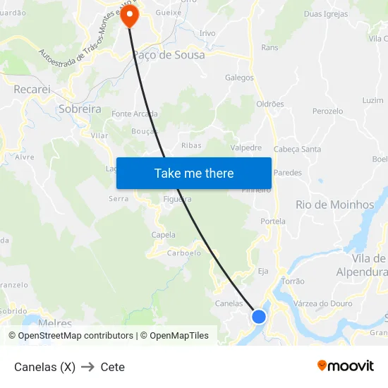 Canelas (X) to Cete map