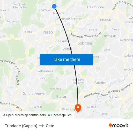Trindade (Capela) to Cete map