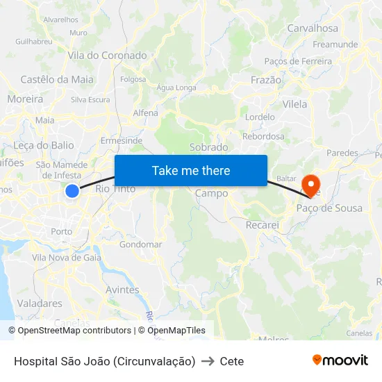 Hospital São João (Circunvalação) to Cete map