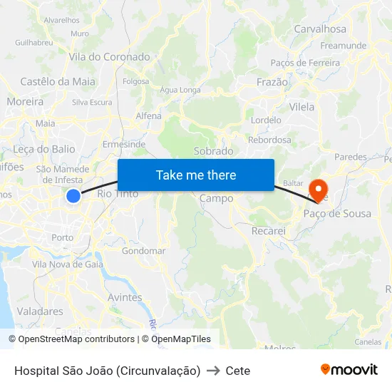 Hospital São João (Circunvalação) to Cete map