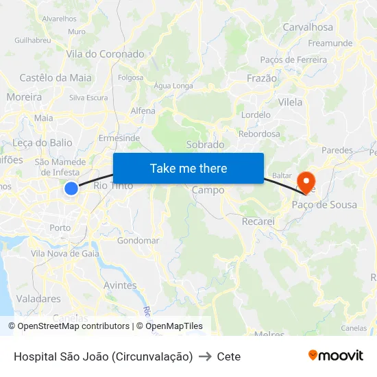 Hospital São João (Circunvalação) to Cete map