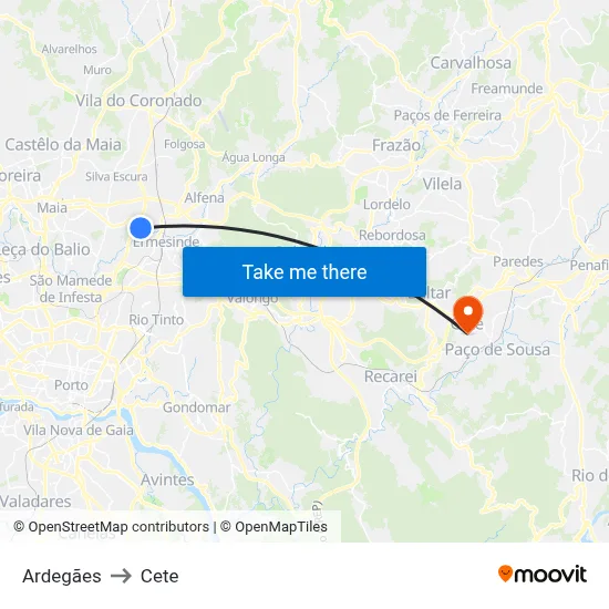 Ardegães to Cete map
