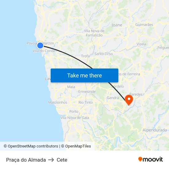 Praça do Almada to Cete map