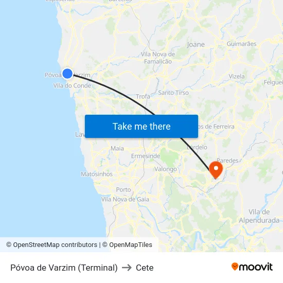 Póvoa de Varzim (Terminal) to Cete map