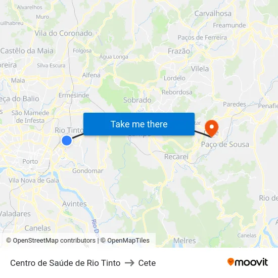 Centro de Saúde de Rio Tinto to Cete map