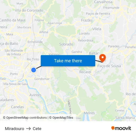 Miradouro to Cete map